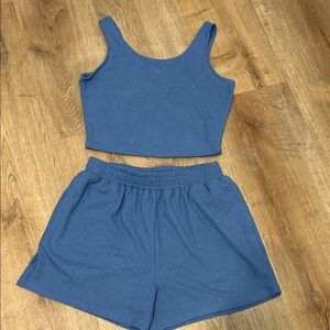 Blue Ribbed Tank Top and Shorts Set
